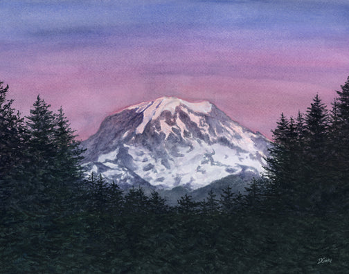 Painting of a snow-capped mountain peak with a pink sky and forest in the foreground.